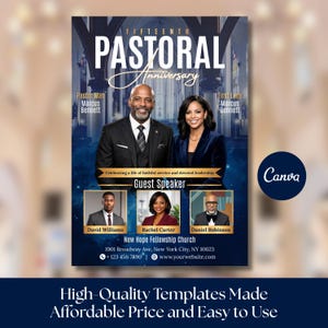 Puede incluir: Un folleto azul marino para el Quinto Aniversario Pastoral, con una foto de un hombre y una mujer. El folleto incluye el texto "Pastor Man Marcus Bennett" y "First Lady Marcus Bennett". También enumera los oradores invitados y la información de la iglesia.