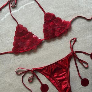 May include: A two-piece bikini set in a deep red metallic finish. The triangle top features overlapping circular scale-like embellishments. The matching bottom has side ties finished with small circular red discs at the ends of the strings.