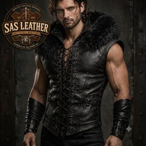 Puede incluir: Un chaleco sin mangas de cuero negro con cierre frontal de cordones y ojales metálicos, un cuello grande de piel sintética y correas con hebillas laterales. Incluye brazaletes de cuero negro a juego. Un logotipo circular dice SAS LEATHER.