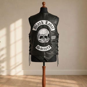 Black Label Society Biker-Weste | Totenkopf-Patches Motorradweste aus Echtem Leder | Ärmellose Cosplay-Jacke