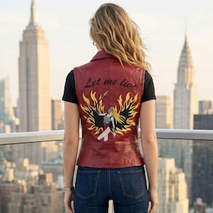 May include: A dark red leather waistcoat featuring a graphic on the back of a figure with long blonde hair holding a spear, surrounded by black and yellow flames. The text "Let me live" is printed in black script above the graphic illustration.