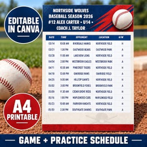 Könnte beinhalten: Ein Baseball-Spielplan für die Saison 2026 der Northside Wolves mit Teamdetails, Daten, Uhrzeiten, Gegnern und Spielorten. Das Design zeigt einen weißen Baseball mit roten Nähten auf einem blauen und roten Hintergrund.