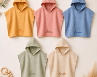 Asciugamano da bagno con cappuccio personalizzato per neonati con nome ricamato | Poncho in mussola di cotone | Regalo per neonati