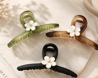 Vintage bloemenhaarklem, mat kattenooghars haarklem, extra grote klauwklem in Koreaanse stijl, elegante bloem haaraccessoire cadeau