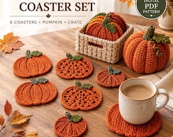 Haakpatroon voor een set herfstpompoenonderzetters (PDF), 3 verschillende ontwerpen, geribbelde pompoen, opbergkrat, herfsttafeldecoratie