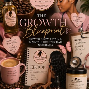 Op de afbeelding: Een advertentie voor Thee Main Ingredients haarverzorgingsproducten. De afbeelding toont een vrouw, een roze koffiemok, een flesje haargroeiolie en een potje natuurlijke haarboter. De tekst bevat "The Growth Blueprint" en "Ebook".
