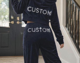 Woman Y2K velvet tracksuit set costom Bling Hoodie and sweatpant