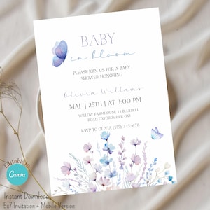 Pode incluir: Um convite branco para chá de bebê com borboletas e flores silvestres em aquarela azul e roxa. O texto diz BABY in bloom, PLEASE JOIN US FOR A BABY SHOWER HONORING Olivia Willams, MAI 25TH AT 3:00 PM, WILLOW FARMHOUSE, 12 BLUEBELL ROAD, OXFORDSHIRE, OX1, RSVP TO OLÍVIA (555) 345-678.