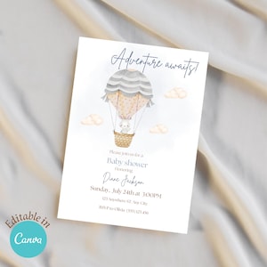 Pode incluir: Um cartão de convite retangular para chá de bebê com uma ilustração em aquarela de um balão de ar quente cinza e branco carregando um pequeno coelho. O texto diz Adventure awaits! Please join us for a Baby shower Honoring Diane Jackson Sunday, July 24th at 3:00PM 123 Anywhere ST. Any City RSVP to Olivia (555)123-456.