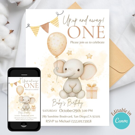 Neutral Yellow Elephant Birthday Invitation with WhatsApp version. Editable Canva Template. Perfect for a minimalist TWO WILD or ONE party!