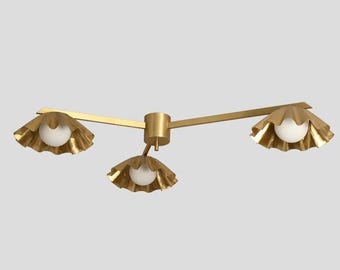 Minimalist 3-Light Brass Orb Ceiling Fixture, Modern Sculptural Flush Mount for Luxury Bedrooms