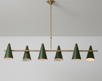 Modern Brass Linear Chandelier Olive Cone Mid Century Lighting Pendant Light for Dining Room
