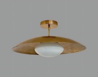 Mid Century Modern Elegant Brass Perforated Flush Mount Ceiling Light With Glass Globe