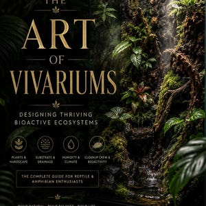 Könnte beinhalten: Ein Buchcover mit dem Titel "THE ART OF VIVARIUMS" in goldener Schrift, das ein florierendes, bioaktives Ökosystem zeigt. Das Bild zeigt ein Terrarium mit Pflanzen und einem Wasserfall. Der Text lautet "DESIGNING THRIVING BIOACTIVE ECOSYSTEMS" und ist ein Leitfaden für Reptilien- und Amphibienliebhaber.