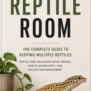 May include: A book titled The Reptile Room: The Complete Guide to Keeping Multiple Reptiles by Alliecvt Critters. The cover features a spotted leopard gecko on a wooden surface next to a small potted plant against a light beige background.