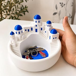 Greek Home Decor Key Bowl, Santorini-Inspired Catch-All Tray in White and Blue