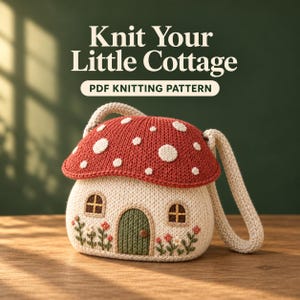 May include: A knitted bag shaped like a cottage with a red mushroom-style roof featuring white spots. The cream-colored base has a green door, two small windows, and embroidered flowers. Text reads: Knit Your Little Cottage PDF KNITTING PATTERN.