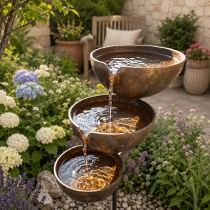 Puede incluir: Una fuente de agua exterior de tres niveles con tres cuencos de color bronce. El agua cae en cascada desde el cuenco superior hacia abajo, creando un efecto tranquilo. La fuente está situada en un jardín con exuberante vegetación y flores.
