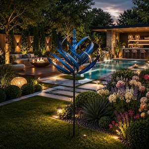 Peut inclure: Une sculpture de jardin en métal bleu avec un motif floral se dresse dans un jardin bien éclairé. La sculpture est montée sur un poteau noir. Le jardin comprend une piscine, un aménagement paysager luxuriant et un foyer.