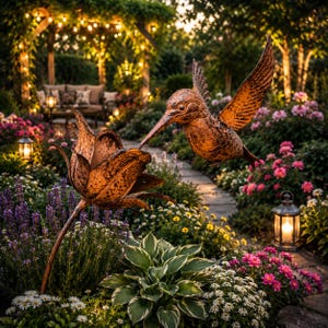 Peut inclure: Une sculpture en bronze d'un colibri s'approchant d'une fleur métallique dans un jardin. La sculpture a des ailes déployées et un long bec. Le jardin comprend un sentier en pierre, des fleurs et des guirlandes lumineuses, créant une atmosphère chaleureuse.