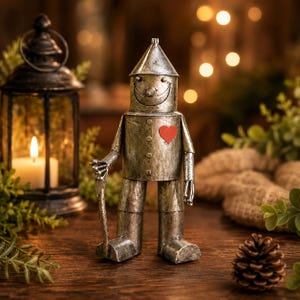 Puede incluir: Figura metálica plateada del Hombre de Hojalata con un corazón rojo y una cara sonriente. La figura sostiene un pequeño hacha. Una vela encendida en una linterna está en el fondo, sobre una superficie de madera.