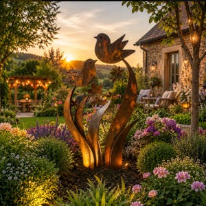 Peut inclure: Une sculpture de jardin en métal vieilli représentant deux oiseaux perchés sur des tiges stylisées avec des feuilles. La sculpture a une finition bronze et est placée dans un jardin fleuri avec un coucher de soleil en arrière-plan.