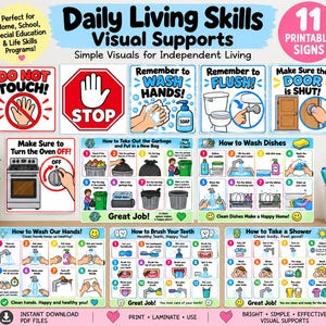 Puede incluir: Una colección de 11 carteles visuales imprimibles para habilidades de la vida diaria, con ilustraciones coloridas y textos instructivos para tareas como lavarse las manos, tirar de la cadena, cerrar puertas y rutinas de higiene.