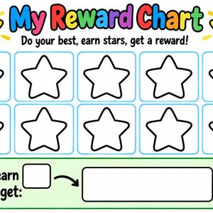 Pode incluir: Um quadro de recompensas retangular com o texto My Reward Chart e Do your best, earn stars, get a reward! Inclui dez contornos de estrelas vazios em duas linhas, uma seção com o texto After I earn stars, I get: e um espaço em branco.