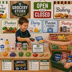 Peut inclure: Un ensemble de jeu de magasin d'alimentation comprenant un comptoir de caisse en bois, un panier d'achat vert et divers articles alimentaires en carton. L'ensemble inclut des panneaux muraux étiquetés Fresh Market, Grocery Store, Bakery, Snacks, Produce, Dairy, Frozen Foods et Pantry.
