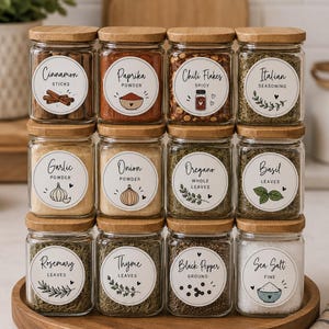 Puede incluir: Un juego de doce frascos cuadrados de vidrio para especias con tapas de madera clara, dispuestos en cuadrícula sobre una bandeja redonda de madera. Cada frasco tiene una etiqueta blanca circular con texto negro y una pequeña ilustración que identifica el contenido como canela, pimentón, copos de chile, sazonador italiano, ajo, cebolla, orégano, albahaca, romero, tomillo, pimienta negra y sal marina.