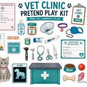 Pode incluir: Um kit de brincar de clínica veterinária com ilustrações de cachorro, gatinho, caixa de transporte, ferramentas médicas, gráficos e certificados. O conjunto inclui estetoscópio, seringa, termômetro, curativos, tigela de comida e placas com texto.