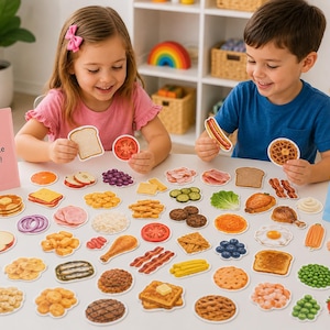 Peut inclure: Un ensemble de découpages en papier sur le thème de la nourriture représentant divers repas comme des crêpes, du bacon, des fruits, des légumes et des viandes, avec deux panneaux indiquant Make your favorite meal! et Build a burger, sandwich or breakfast!