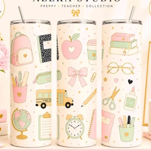 20oz Tumbler Wrap PNG | School Supplies Sublimation Design | Back to School Digital File | Cute Teacher Tumbler Template