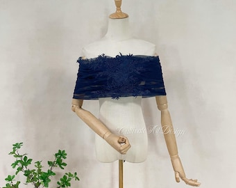 Navy Tulle Bridal Wrap,Detachable Flower Lace Wedding Cape,Off-Shoulder Soft Shawl Sleeves,Dress Accessory.
