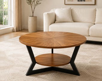 Round Solid Wood Coffee Table with Storage Shelf, 2 Tier, 35 x 18 Inches