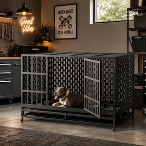 May include: A large, rectangular black metal dog crate with a slatted design and a hinged door. The crate features a sturdy frame with wheels at the base. Inside the crate, a brown and white dog is lying down on the floor with a small red toy.