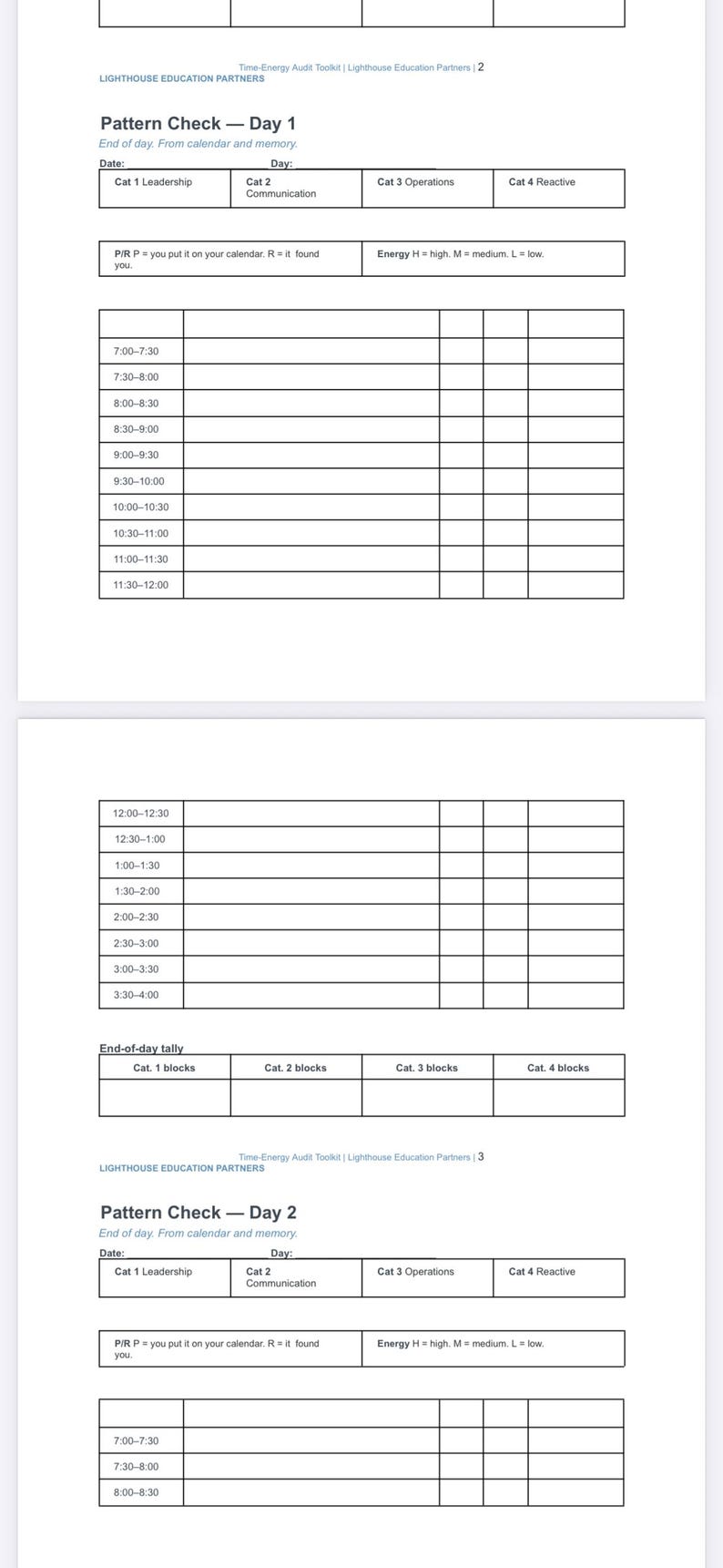 Op de afbeelding: Document van twee pagina's getiteld "Pattern Check - Day 1" en "Pattern Check - Day 2" met tabellen voor het volgen van tijd en energie. Bevat secties voor leiderschap, communicatie en operaties, met tijdsperioden van 7:00 tot 16:00 uur.