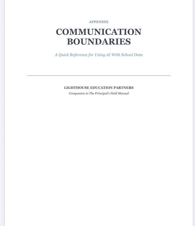 Op de afbeelding: Een wit document met de titel "COMMUNICATION BOUNDARIES" in donkerblauw, met de ondertitel "A Quick Reference for Using AI With School Data." Het document bevat ook de tekst "LIGHTHOUSE EDUCATION PARTNERS" en "Companion to The Principal's Field Manual."