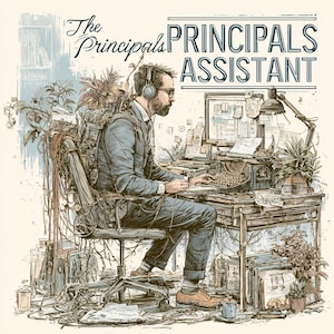 Op de afbeelding: Illustratie van een persoon met een koptelefoon en bril, zittend aan een bureau met een typemachine en computer. De tekst "The Principals Assistant" staat erboven. Het bureau is rommelig met papieren en planten, wat een vintage, artistieke uitstraling cre&euml;ert.