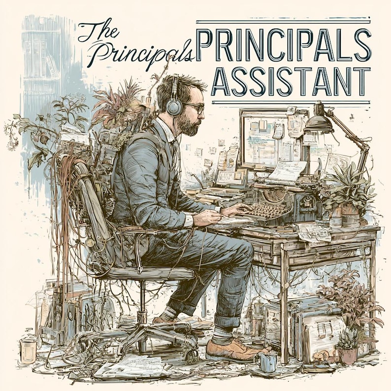 Op de afbeelding: Illustratie van een persoon met een koptelefoon en bril, zittend aan een bureau met een typemachine en computer. De tekst "The Principals Assistant" staat erboven. Het bureau is rommelig met papieren en planten, wat een vintage, artistieke uitstraling cre&euml;ert.