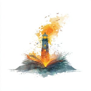 Op de afbeelding: Waterverfillustratie van een vuurtoren die uit een open boek oprijst. De vuurtoren is donkerblauw met oranje en geel licht. Vogels vliegen erboven en het boek heeft blauwe en oranje tinten. Creatief en artistiek ontwerp.