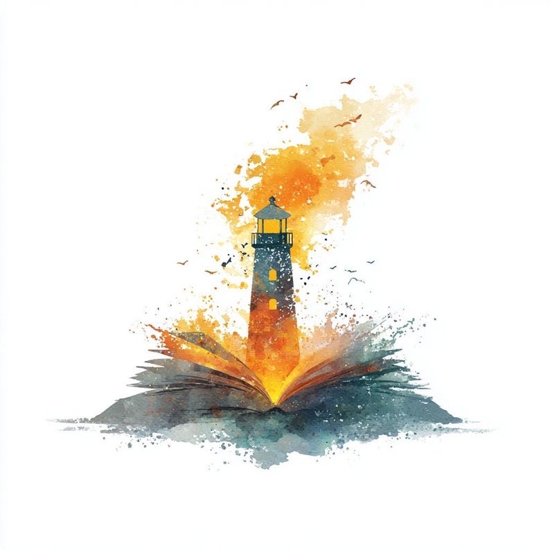 Op de afbeelding: Waterverfillustratie van een vuurtoren die uit een open boek oprijst. De vuurtoren is donkerblauw met oranje en geel licht. Vogels vliegen erboven en het boek heeft blauwe en oranje tinten. Creatief en artistiek ontwerp.