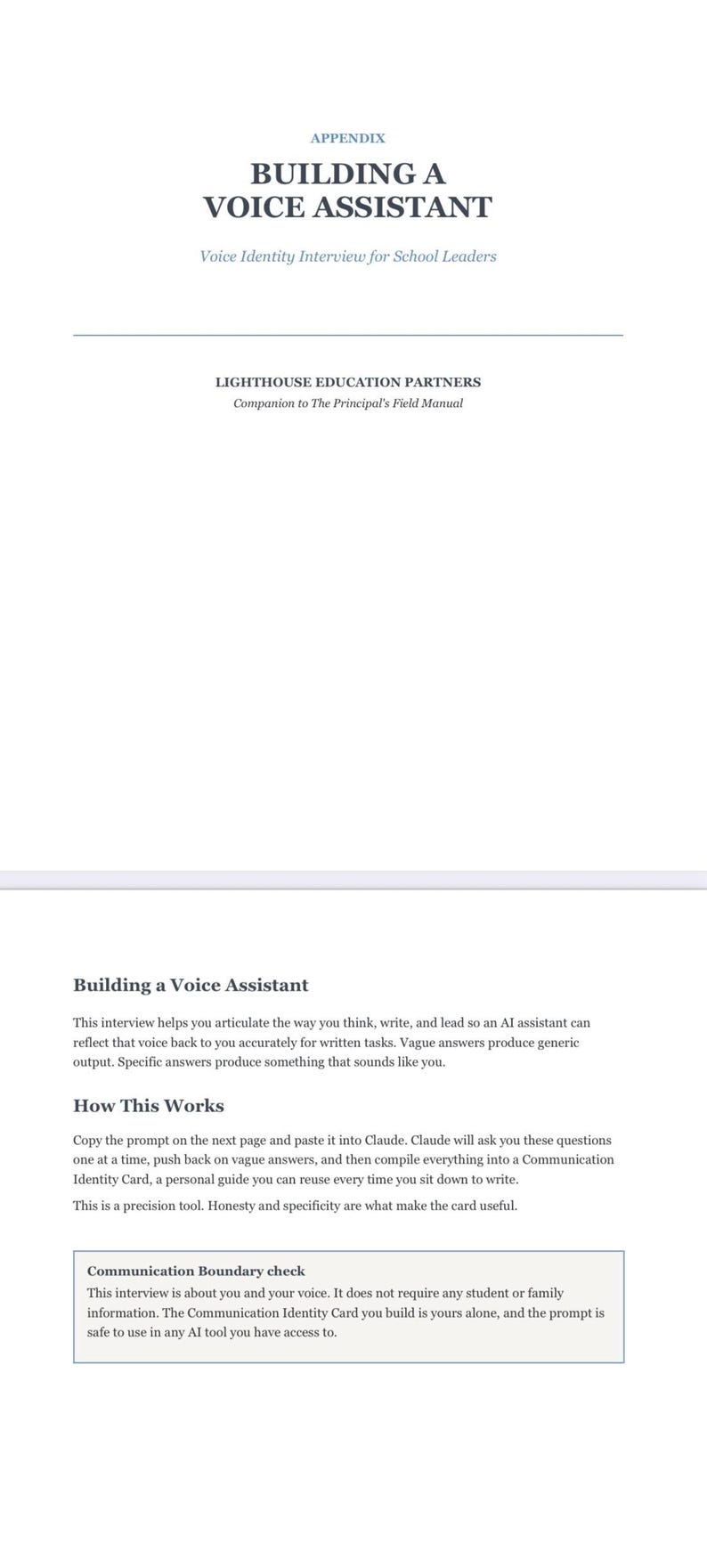Op de afbeelding: Een wit document met de titel "BUILDING A VOICE ASSISTANT" en de ondertitel "Voice Identity Interview for School Leaders". Uitgegeven door Lighthouse Education Partners.