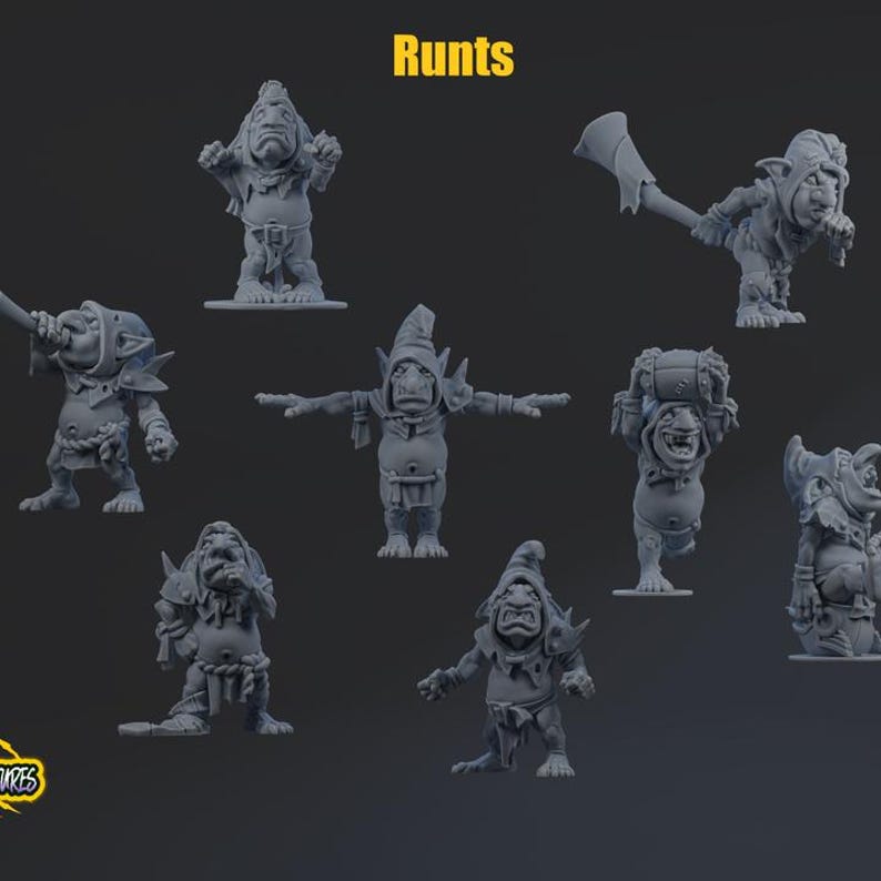 May include: A collection of seven grey miniature goblin figures labeled Runts, each in a unique pose. The figures feature pointed ears, varied facial expressions, and simple garments. Some hold items like a barrel or a weapon, while others stand.