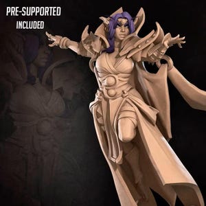 May include: A tan-colored fantasy figurine of a character with pointed ears and purple hair, wearing ornate armor with shoulder pauldrons and a flowing robe. The figure is posed with arms outstretched. Text in the upper left reads PRE-SUPPORTED INCLUDED.