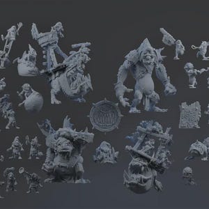May include: A collection of unpainted grey resin miniature figures featuring various fantasy creatures, including large hulking monsters, smaller goblin-like beings, mounted riders, and a circular emblem, all displayed against a solid dark background.