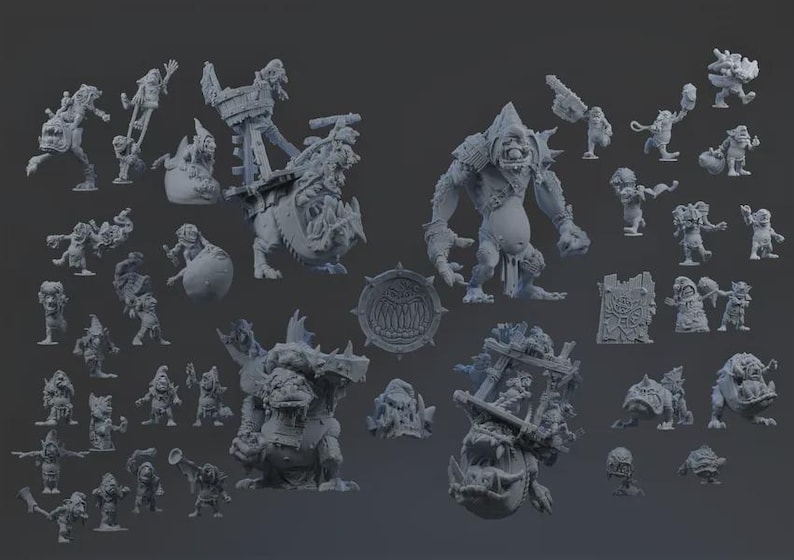 May include: A collection of unpainted grey resin miniature figures featuring various fantasy creatures, including large hulking monsters, smaller goblin-like beings, mounted riders, and a circular emblem, all displayed against a solid dark background.