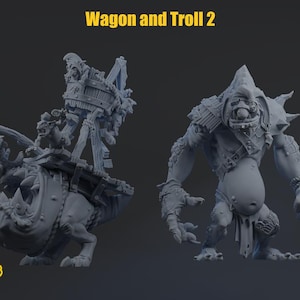 May include: A gray resin miniature set titled Wagon and Troll 2, featuring a creature pulling a wooden wagon with a small figure on top, alongside a large, muscular troll figure with textured skin, shoulder armor, and a loincloth.