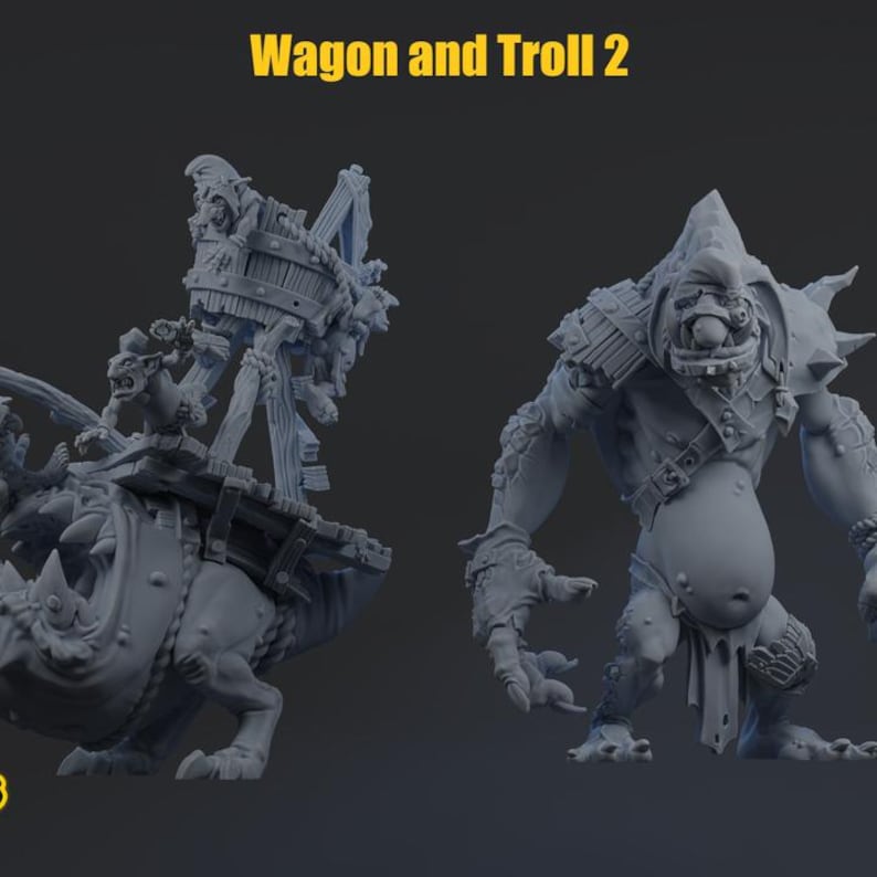 May include: A gray resin miniature set titled Wagon and Troll 2, featuring a creature pulling a wooden wagon with a small figure on top, alongside a large, muscular troll figure with textured skin, shoulder armor, and a loincloth.