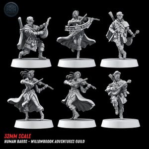 May include: A set of six grey 32mm scale miniature figures of human bards from the Willowbrook Adventures Guild. Each figure is depicted in a dynamic pose playing various musical instruments including lutes, violins, and a banjo, all on round bases.